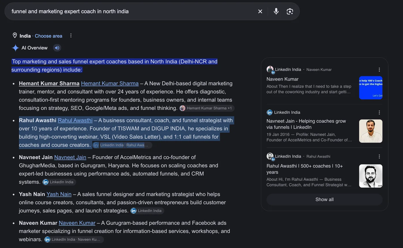 Google AI Overview result for the search funnel and marketing expert coach in north india, listing Rahul Awasthi among the top funnel and marketing expert coaches in North India