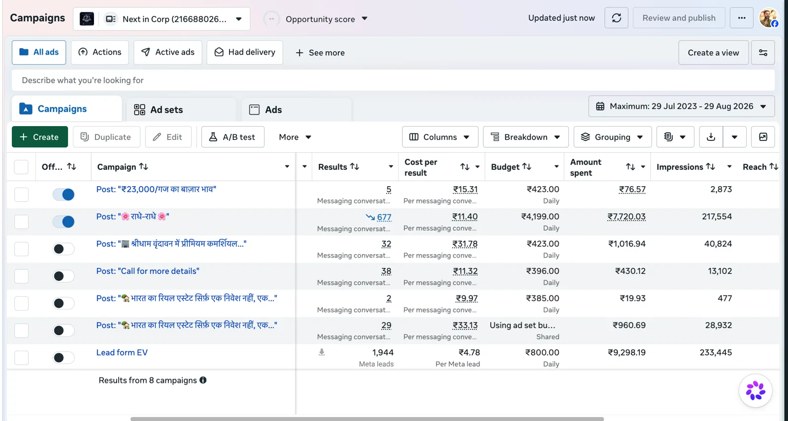 Meta Ads Manager campaign results for Next in Corp, managed by TISWAM